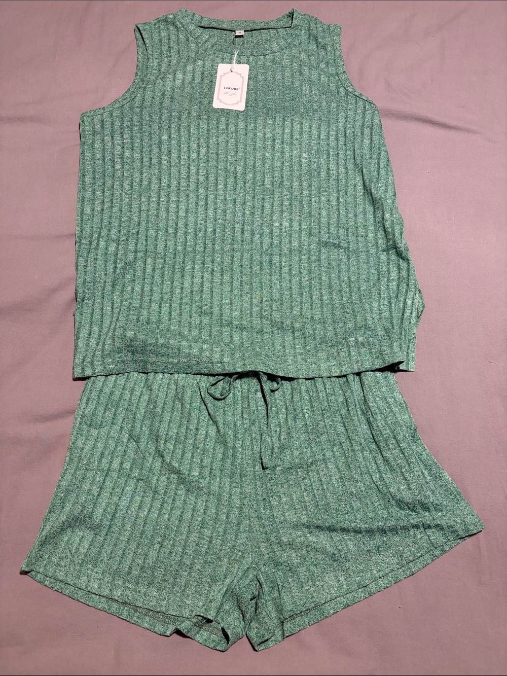 Women’s Locube Cozy Ribbed Tank & Short Set - Green SZ M